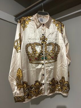 Silk-Feel Cream Crown Print Button-Down Shirt